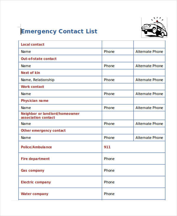 Printable Emergency Contact List Template Example