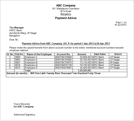 Printable Employee Payment Advice Template