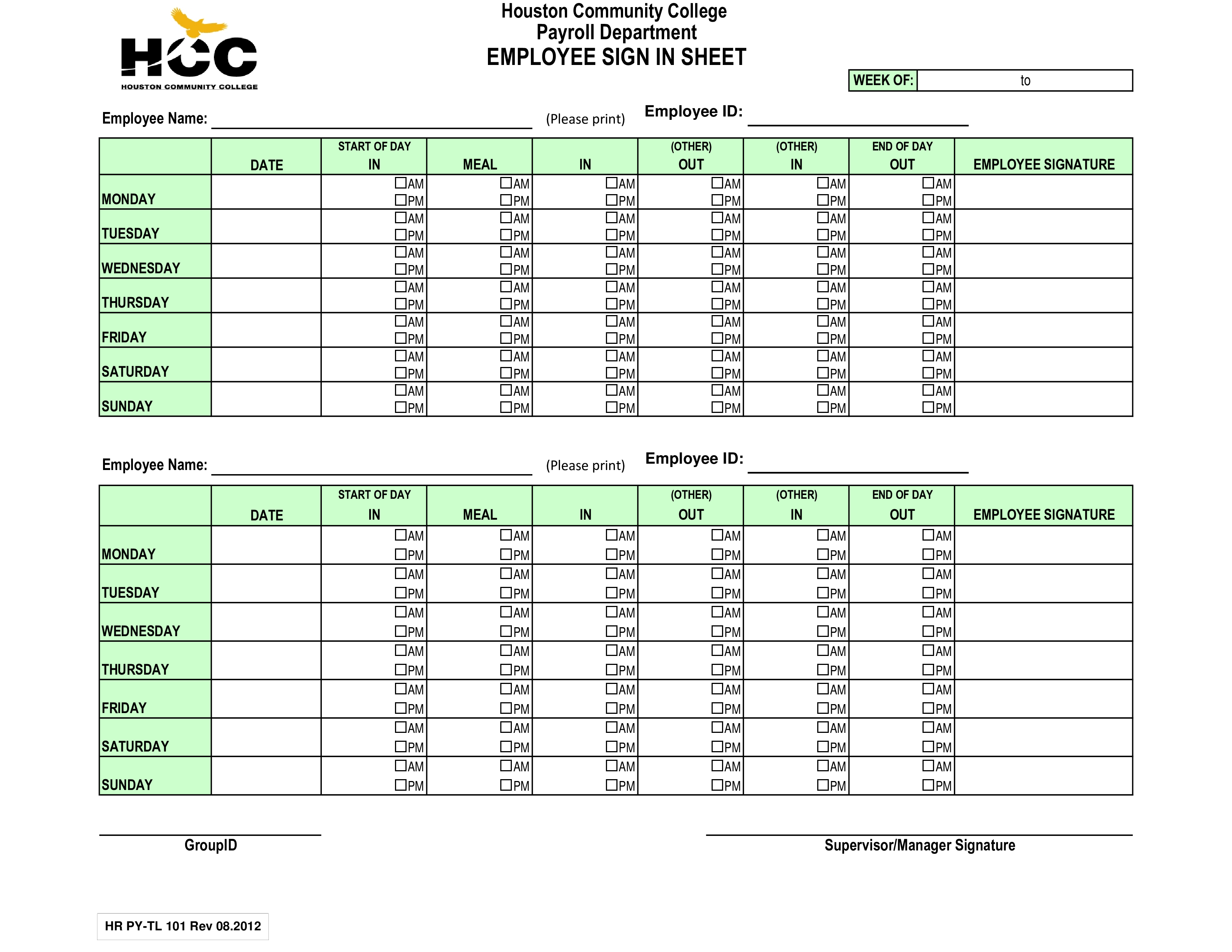 Printable Employee Sign in Sheet Template Sample