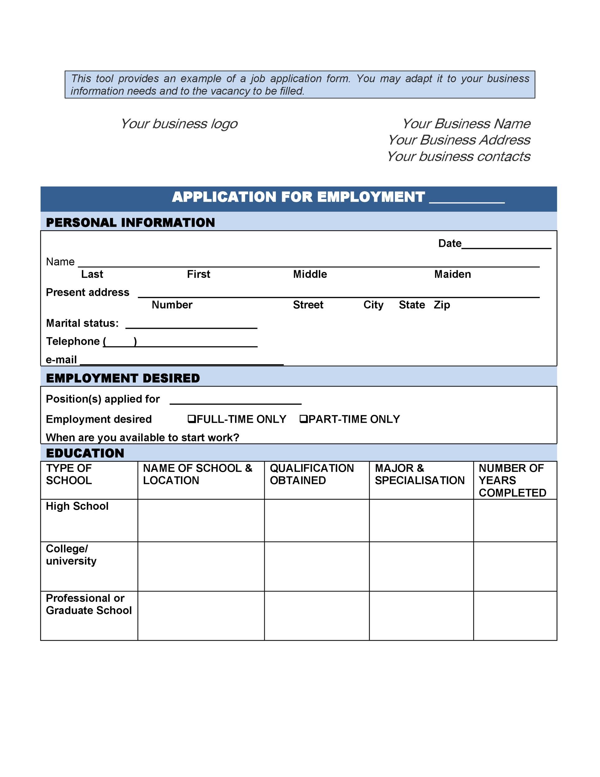 Printable Employment Application Template Example