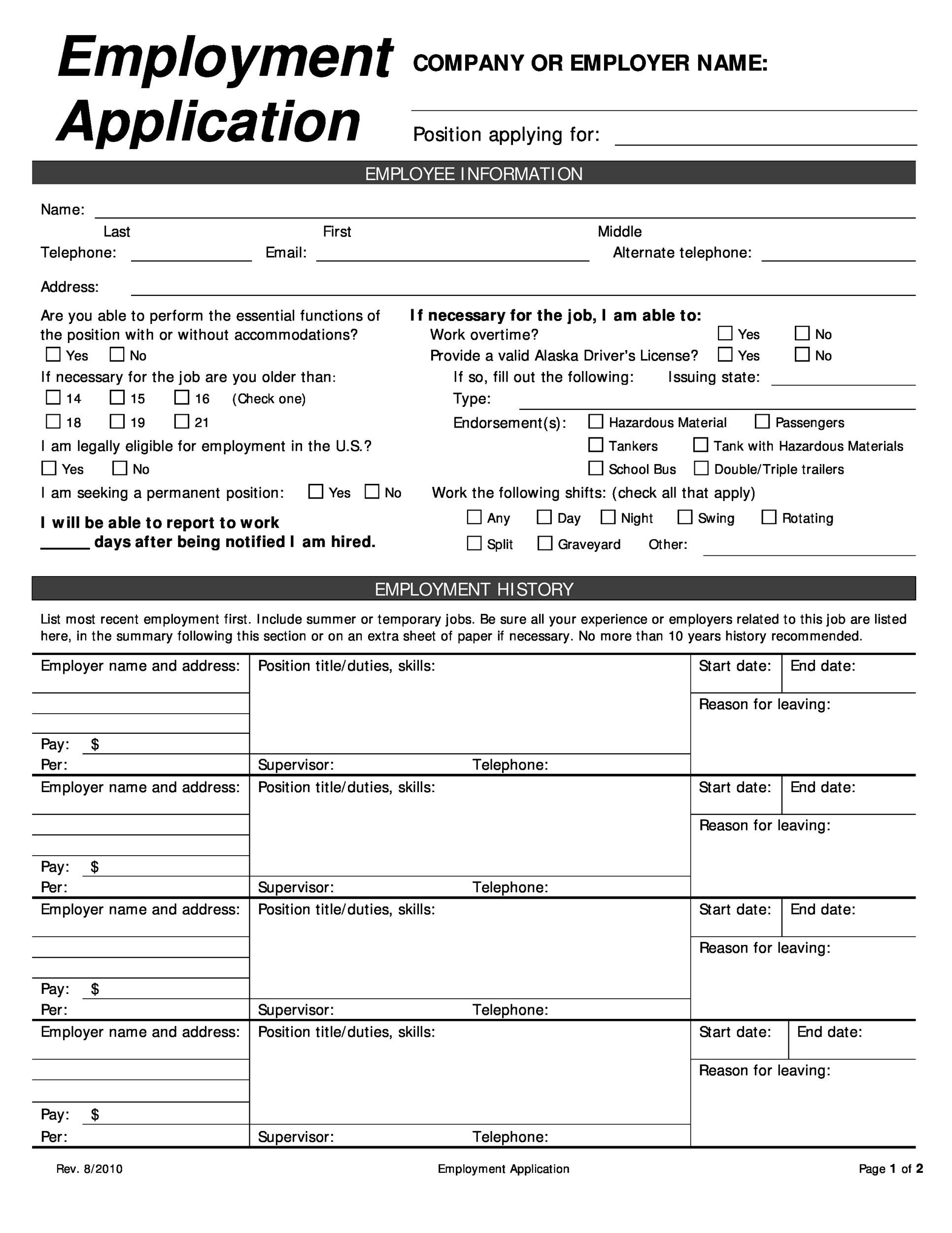 Printable Employment Application Template