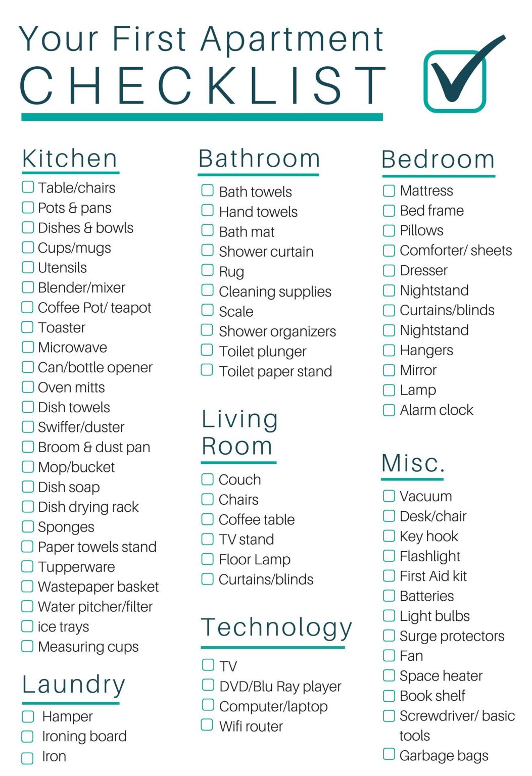 Printable First Apartment Checklist Template Templateral