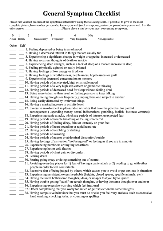 Printable General Symptom Checklist Template Sample