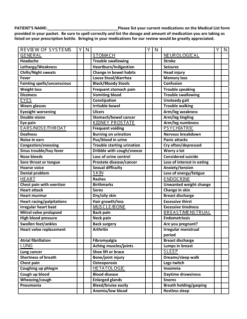 Printable General Symptom Checklist Template