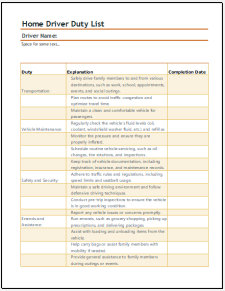 Printable Home Driver Duty List Template Example