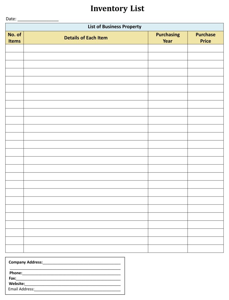 Printable Home Inventory Template Sample | Templateral