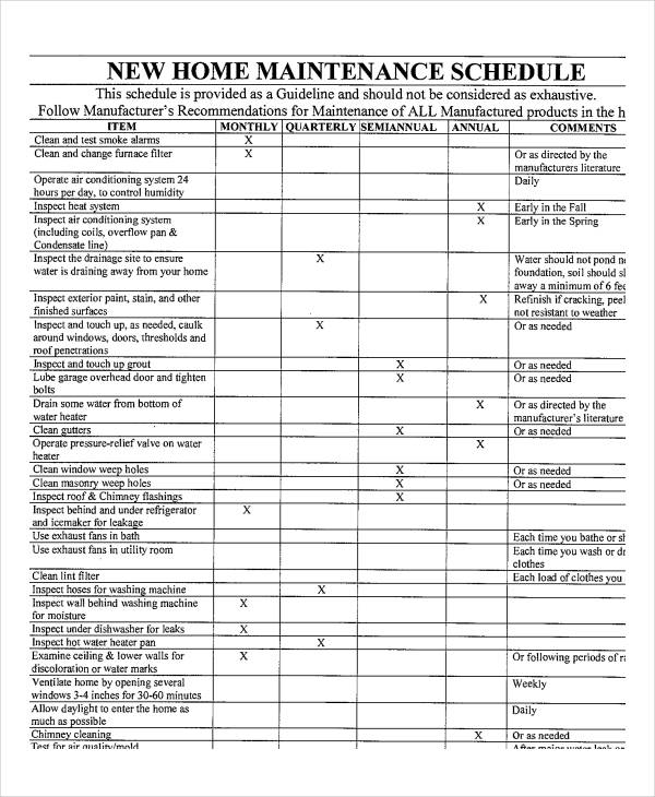 Printable Home Maintenance Schedule Template Example