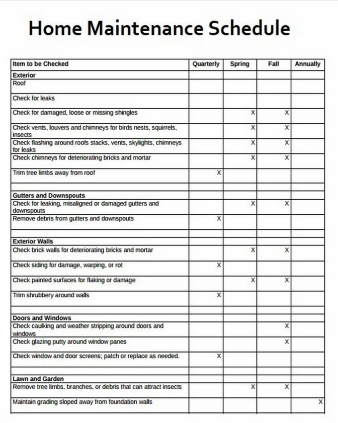 Printable Home Maintenance Schedule Template