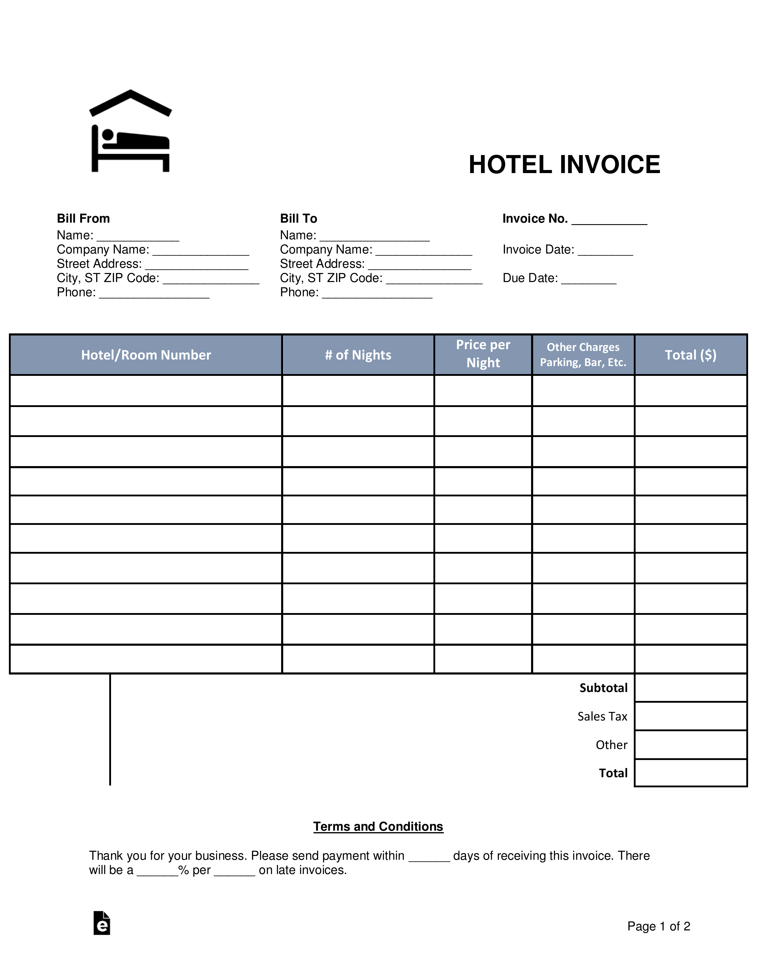 Printable Hotel Receipt Template Sample