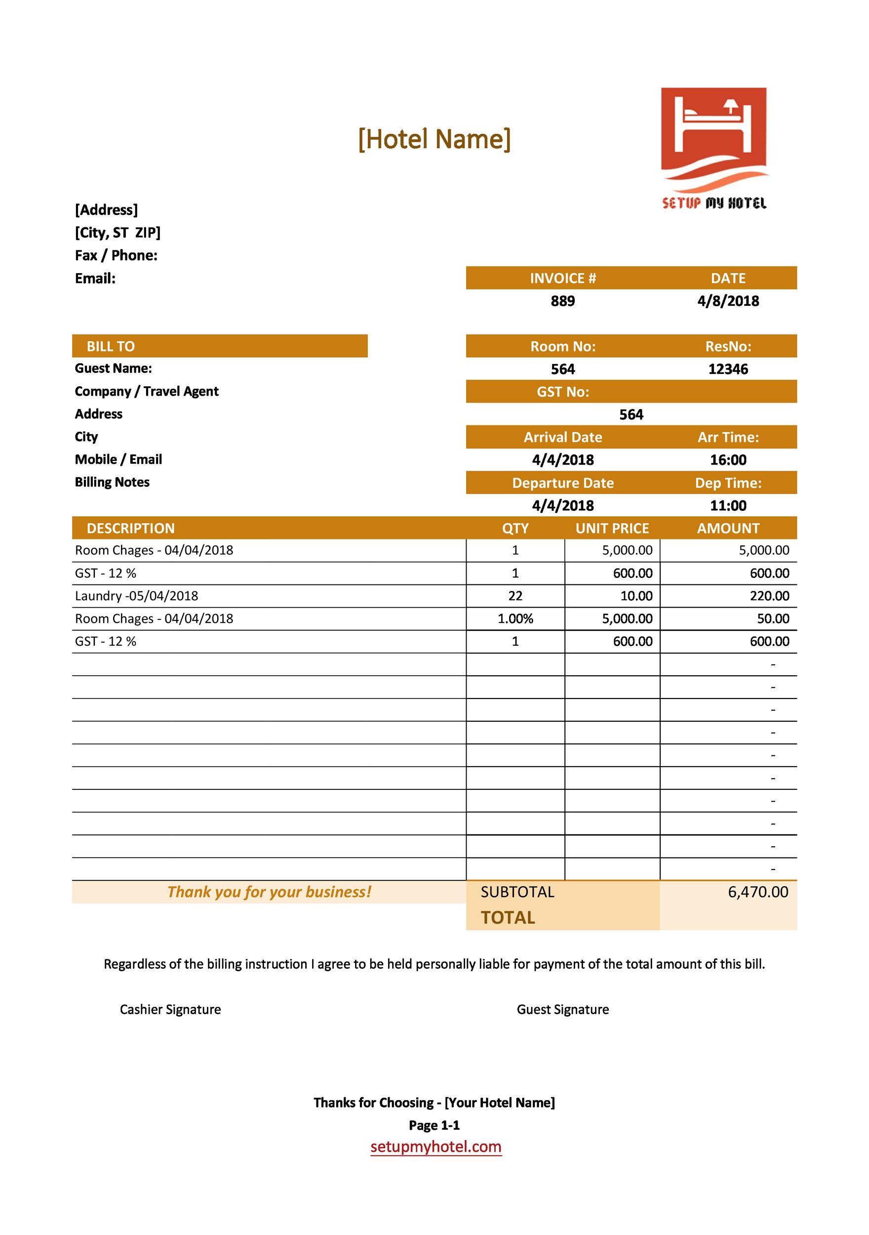 Printable Hotel Receipt Template