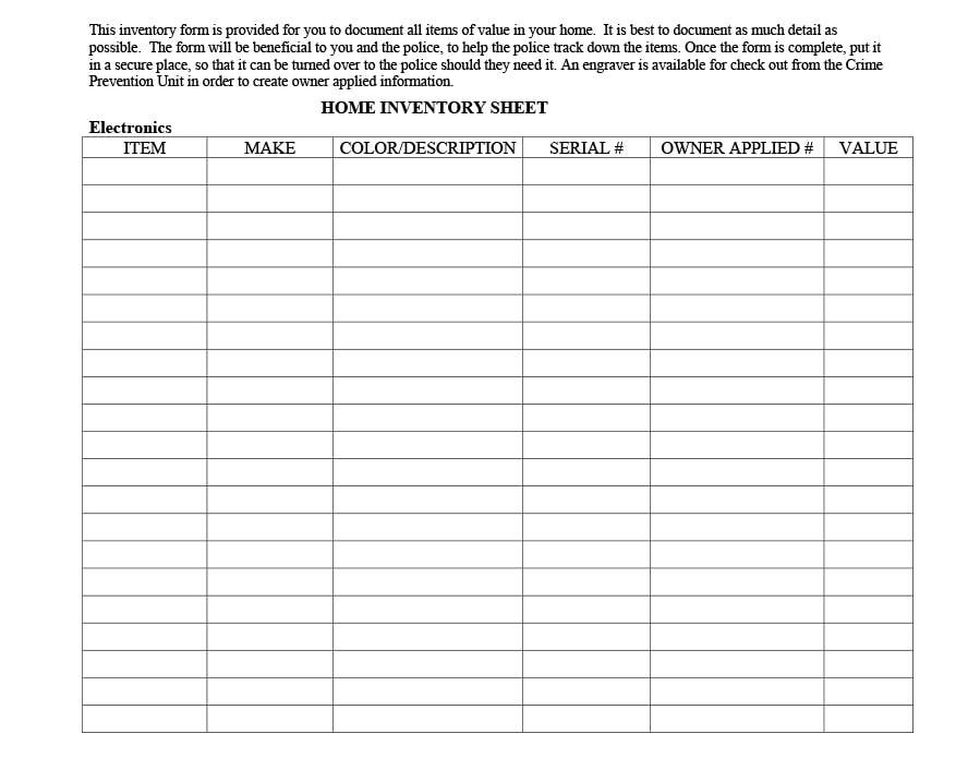 Printable Inventory List Template Example