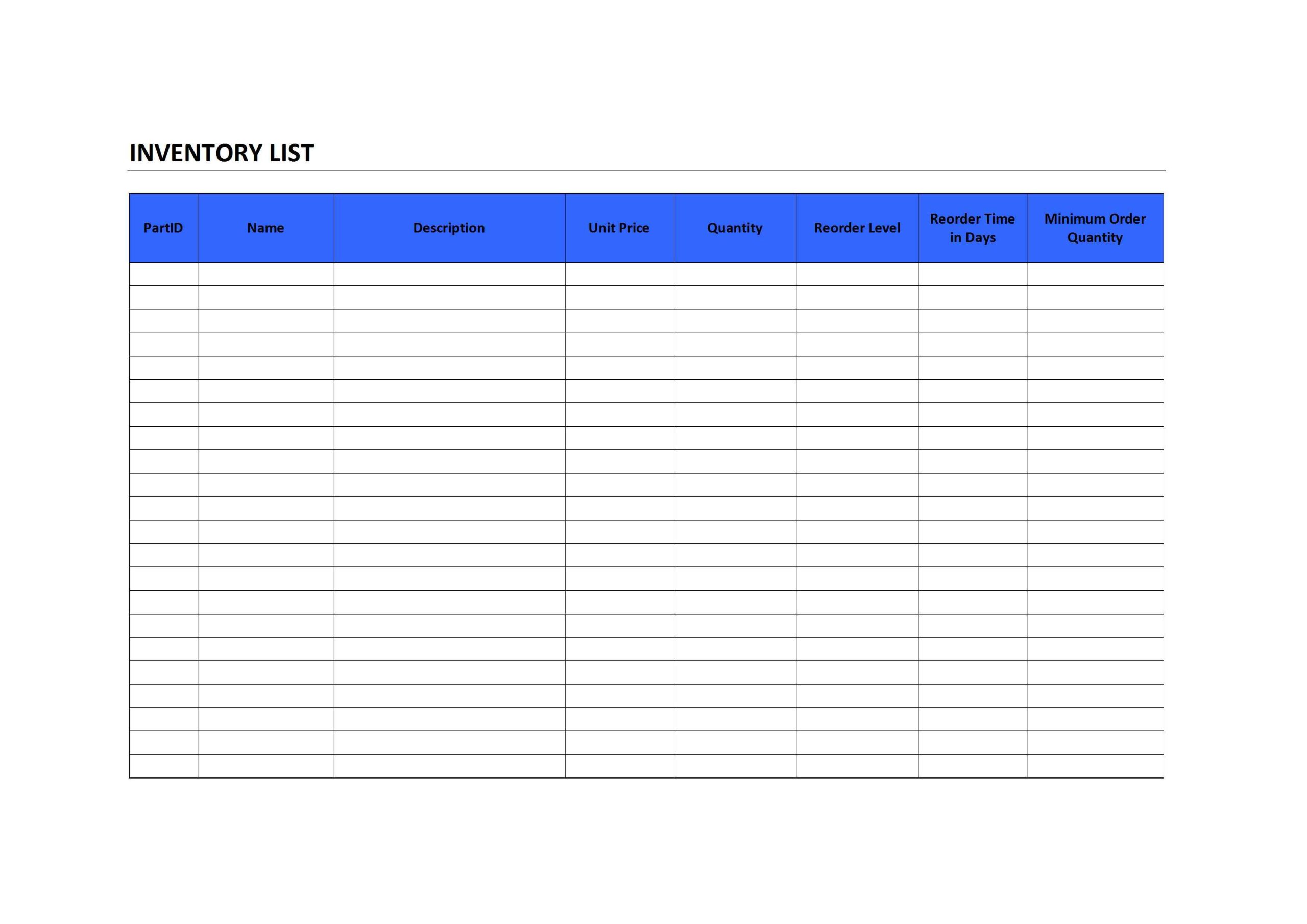 Printable Inventory List Template Sample