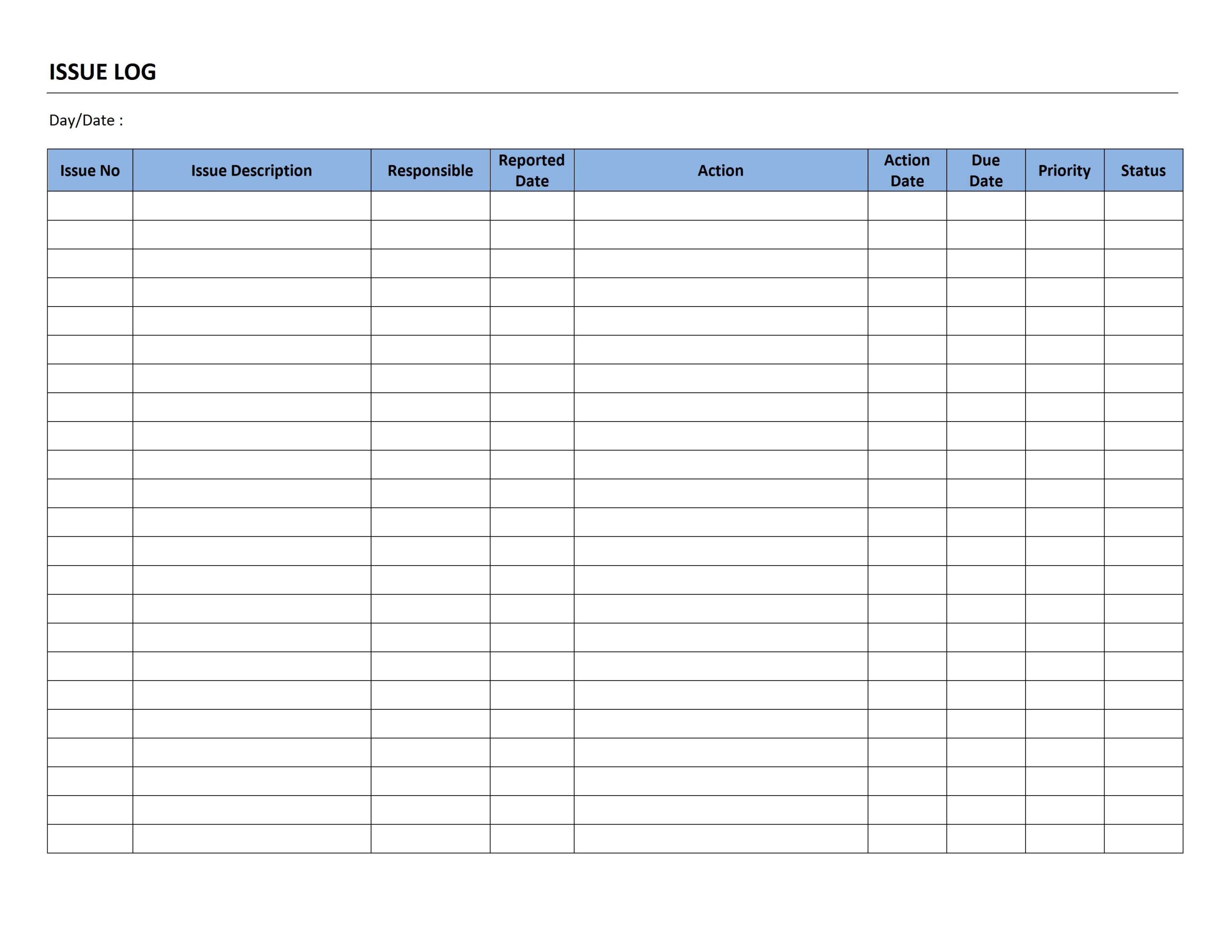 Printable Issue Management Log Template Sample