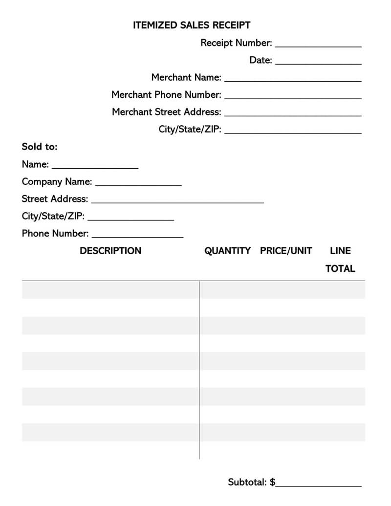 Printable Itemized Receipt Template Example