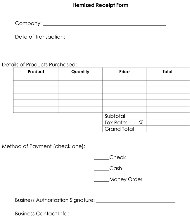 Printable Itemized Receipt Template