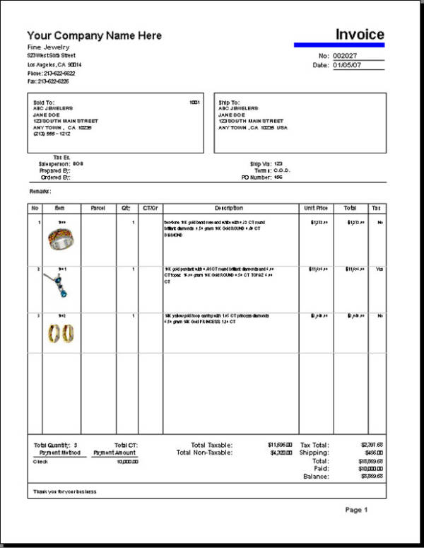 Printable Jewelry Receipt Template Sample