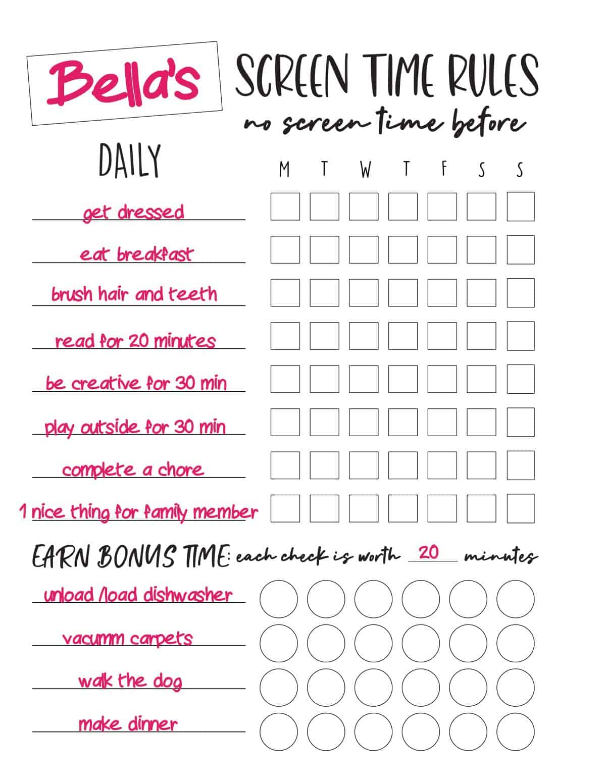 Printable Kids Screen Time Checklist Template Sample