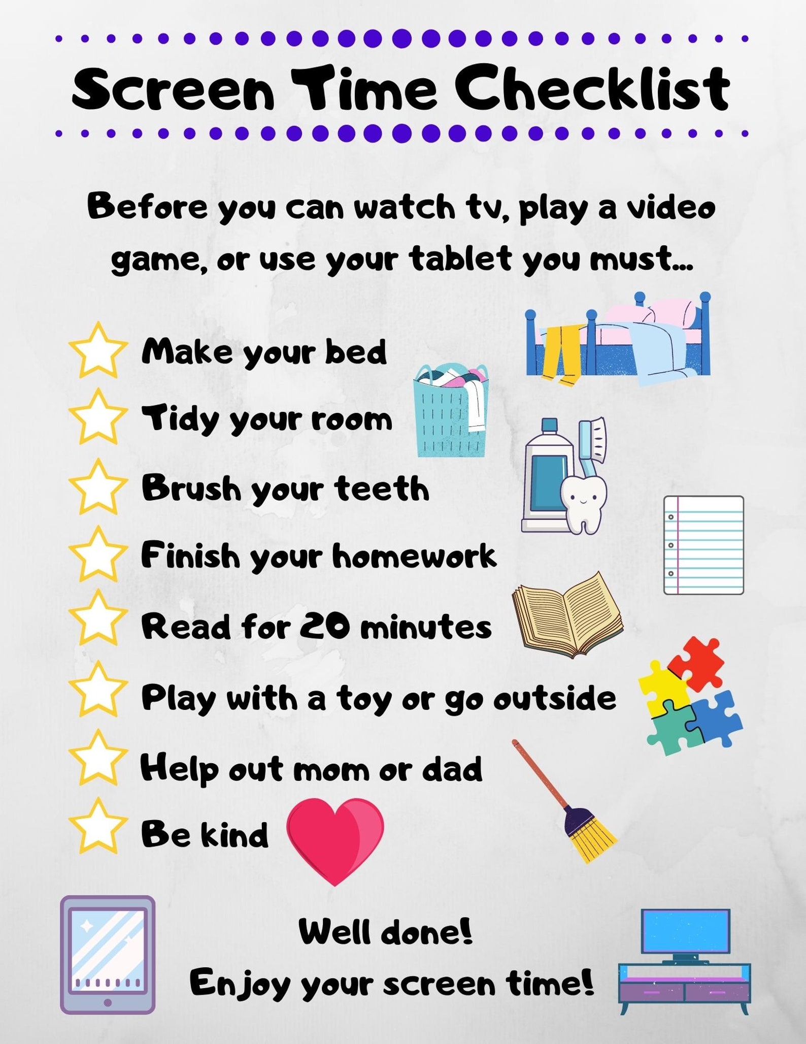 Printable Kids Screen Time Checklist Template