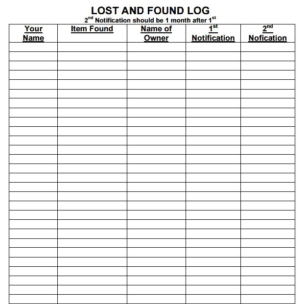 Printable Lost And Found Log Template Sample