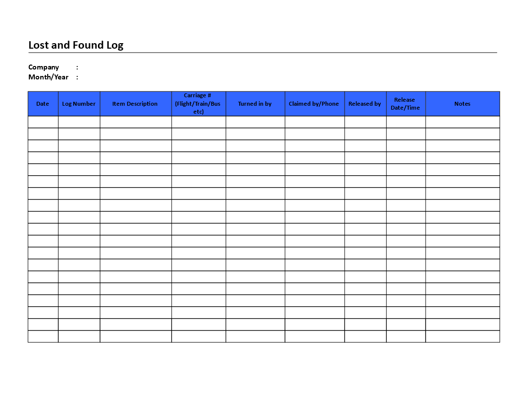 Printable Lost And Found Log Template