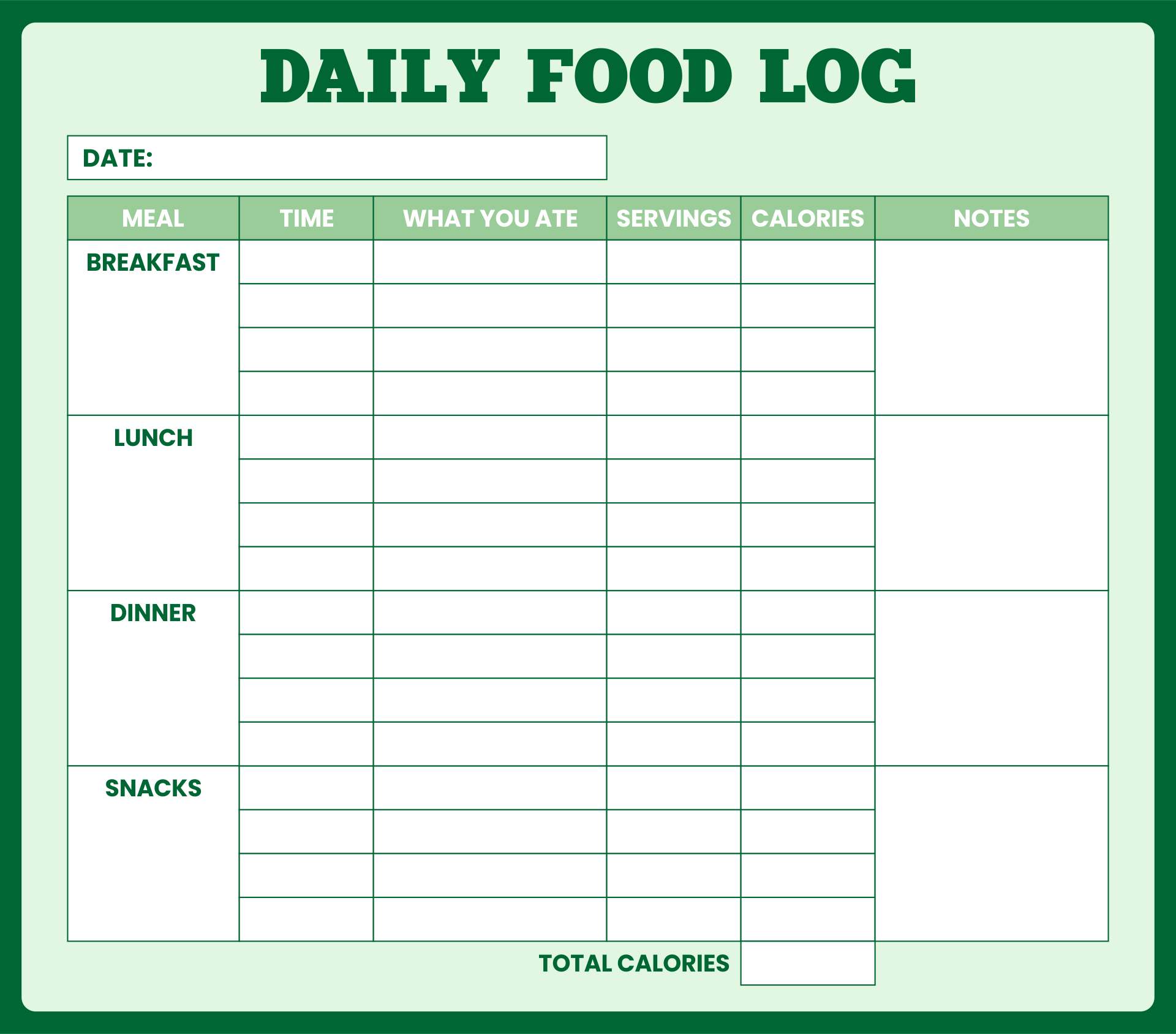 Printable Meal Log Template Example