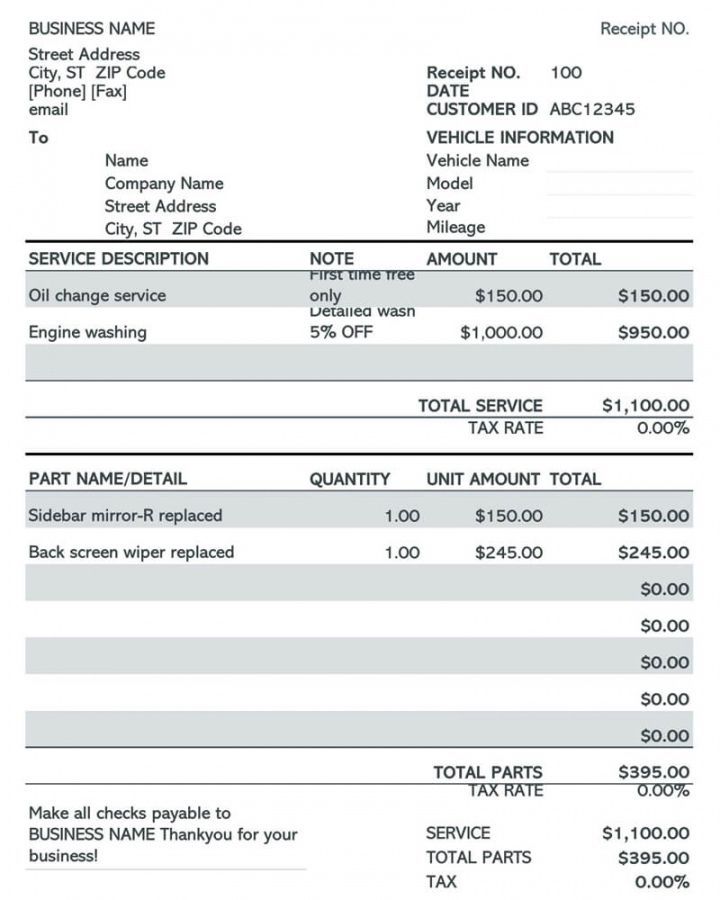 Printable Mechanic Receipt Template Example