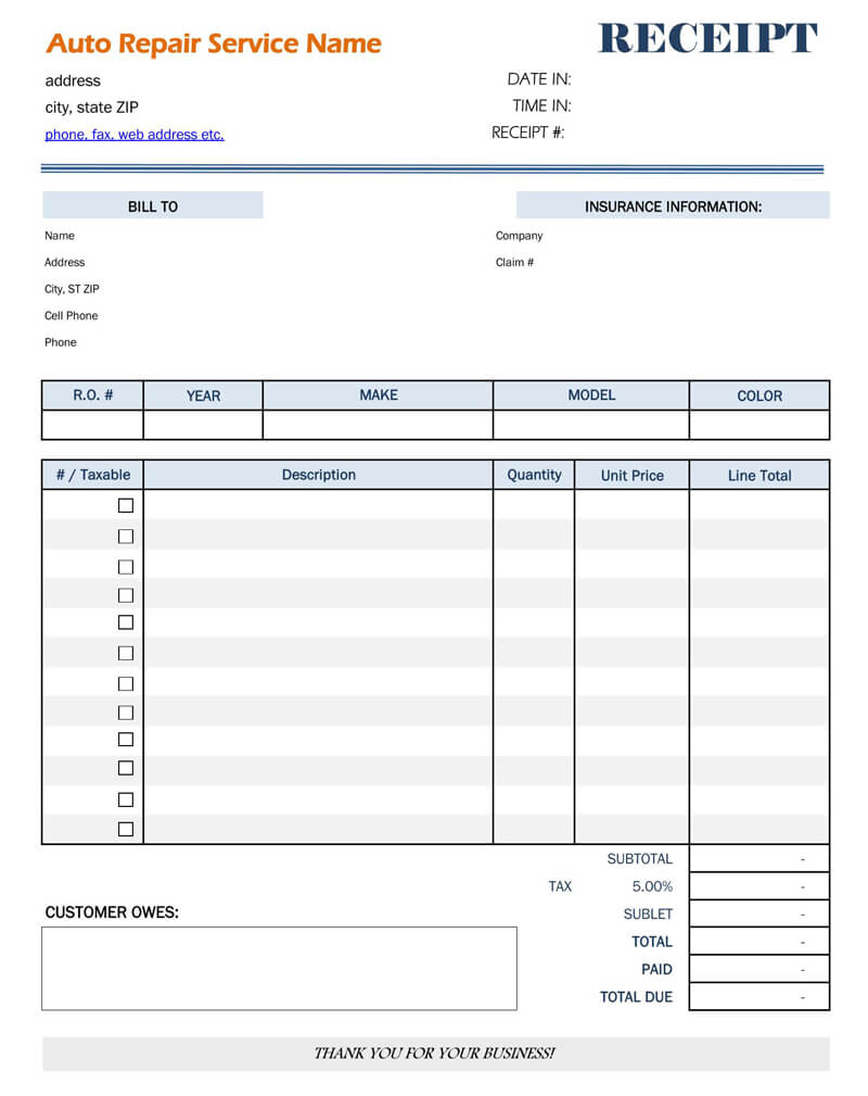 Printable Mechanic Receipt Template