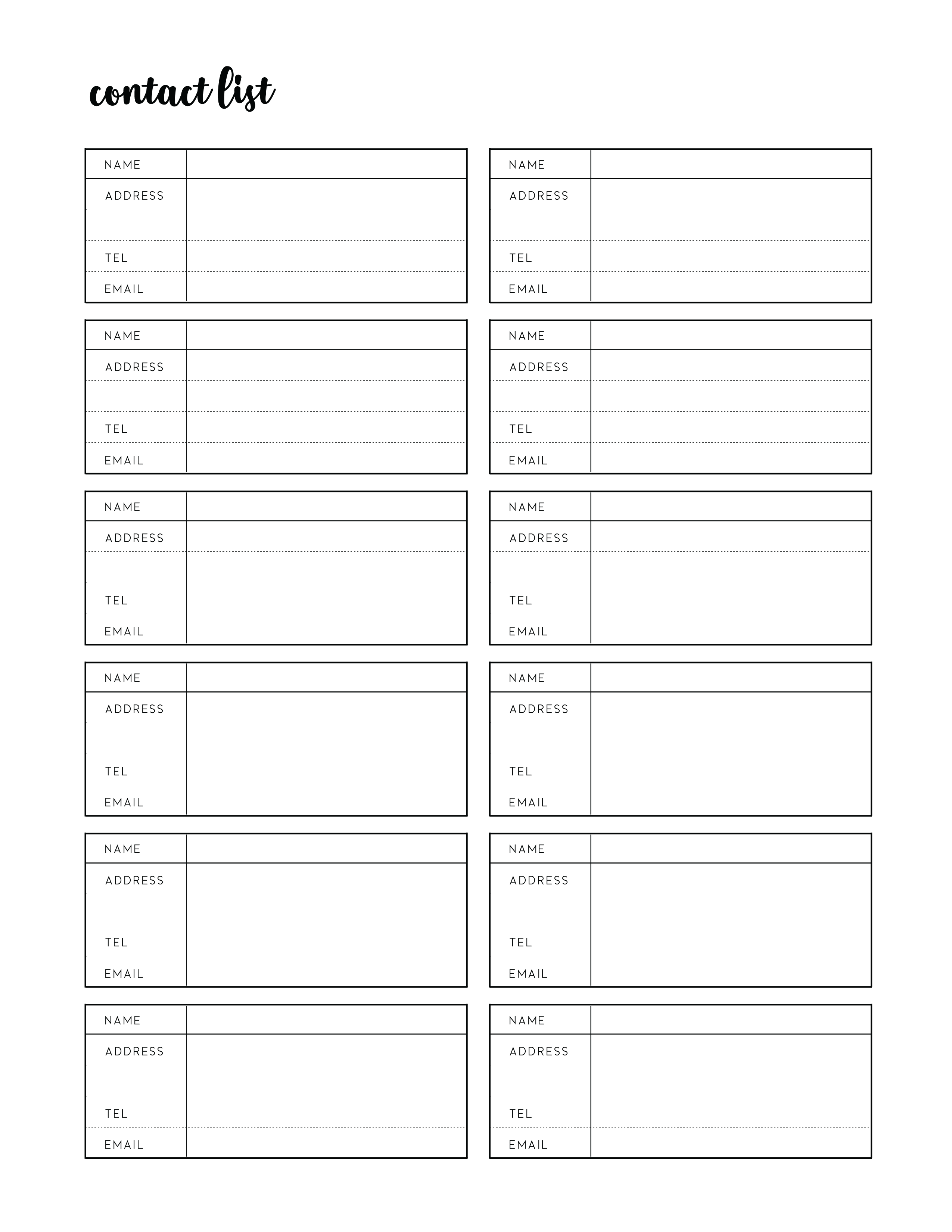 Printable Media Contact List Template Example