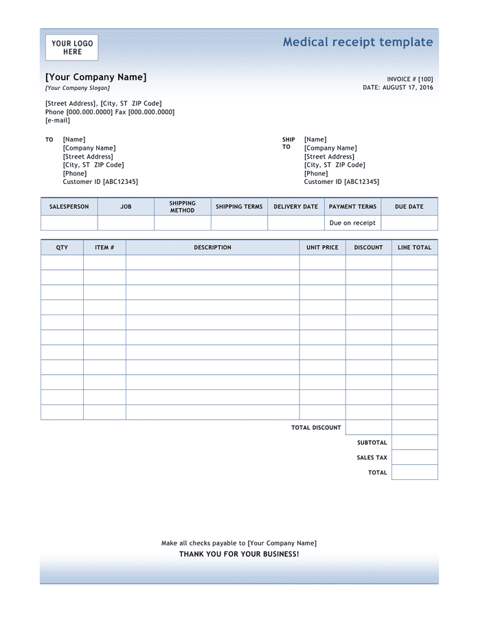 Printable Medical Receipt Template Sample