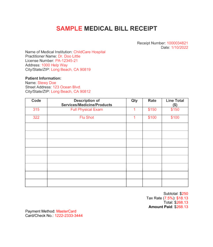 Printable Medical Receipt Template