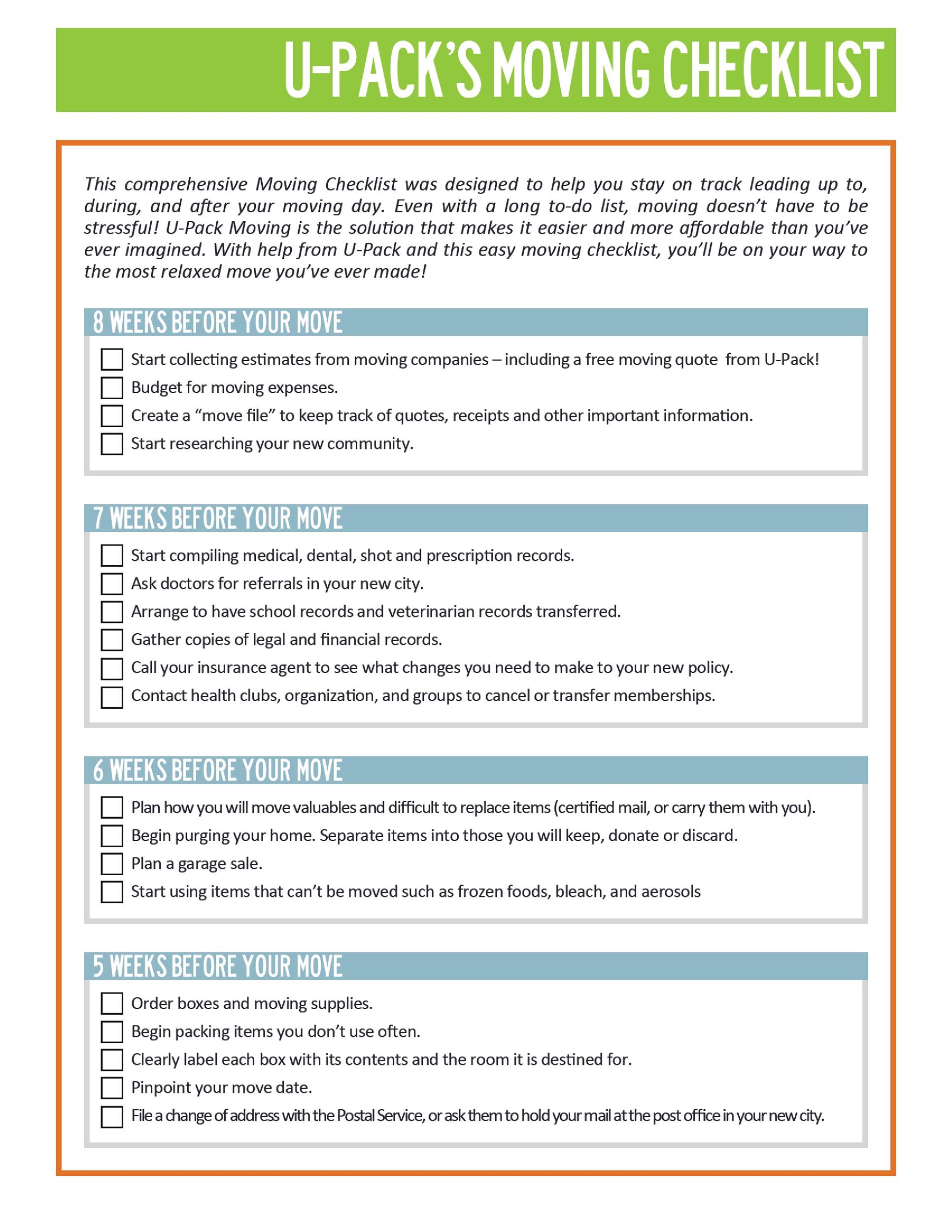 Printable Move in Checklist Template Example