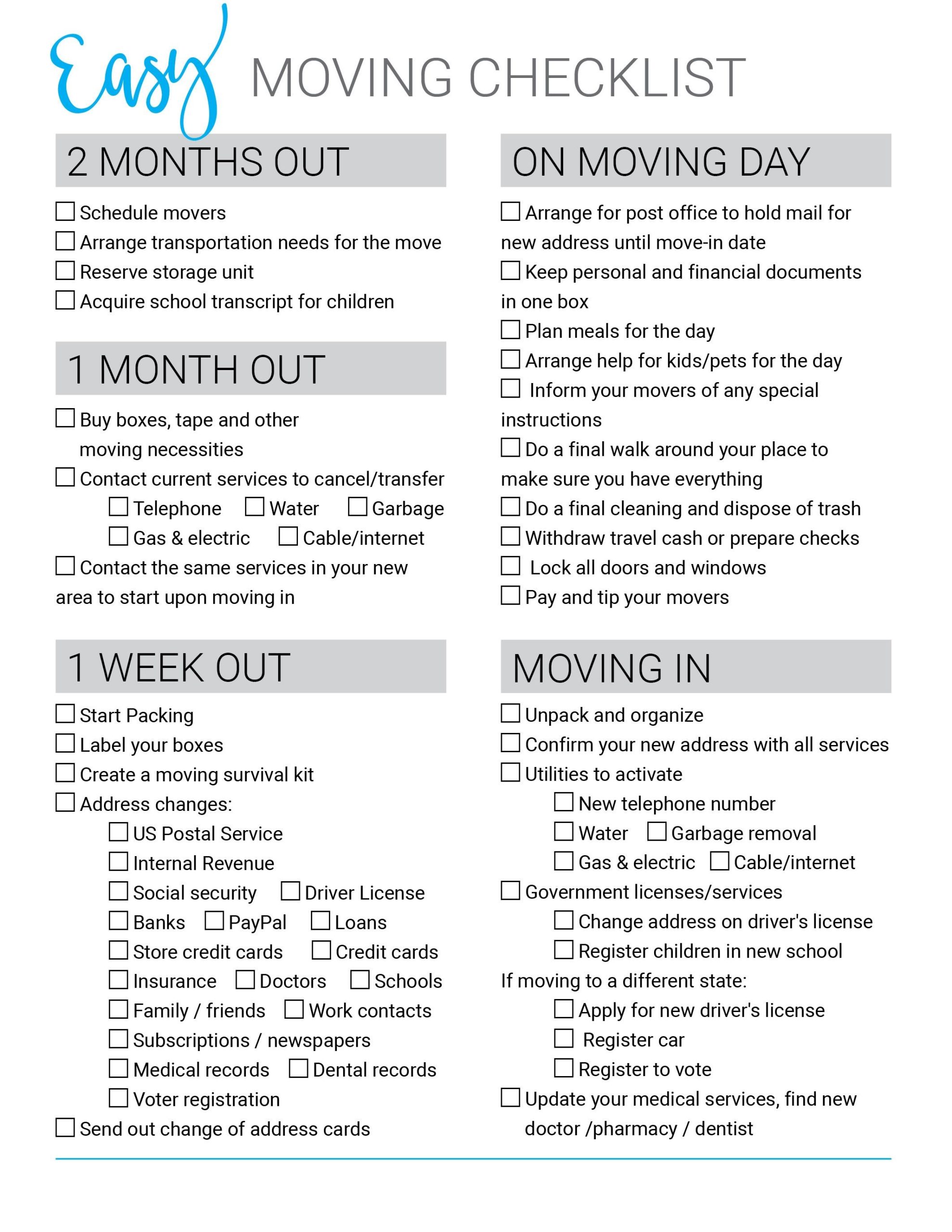 Printable Move in Checklist Template Sample