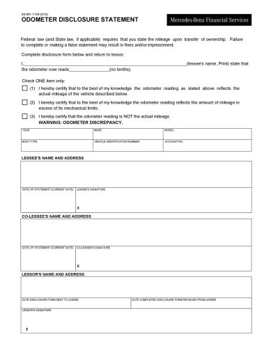 Printable Odometer Disclosure Statement Form Example | Templateral