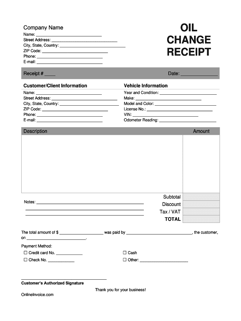 Printable Oil Change Receipt Template