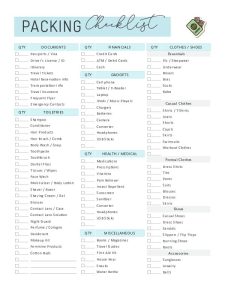 Printable Packing Travel Checklist Template Sample