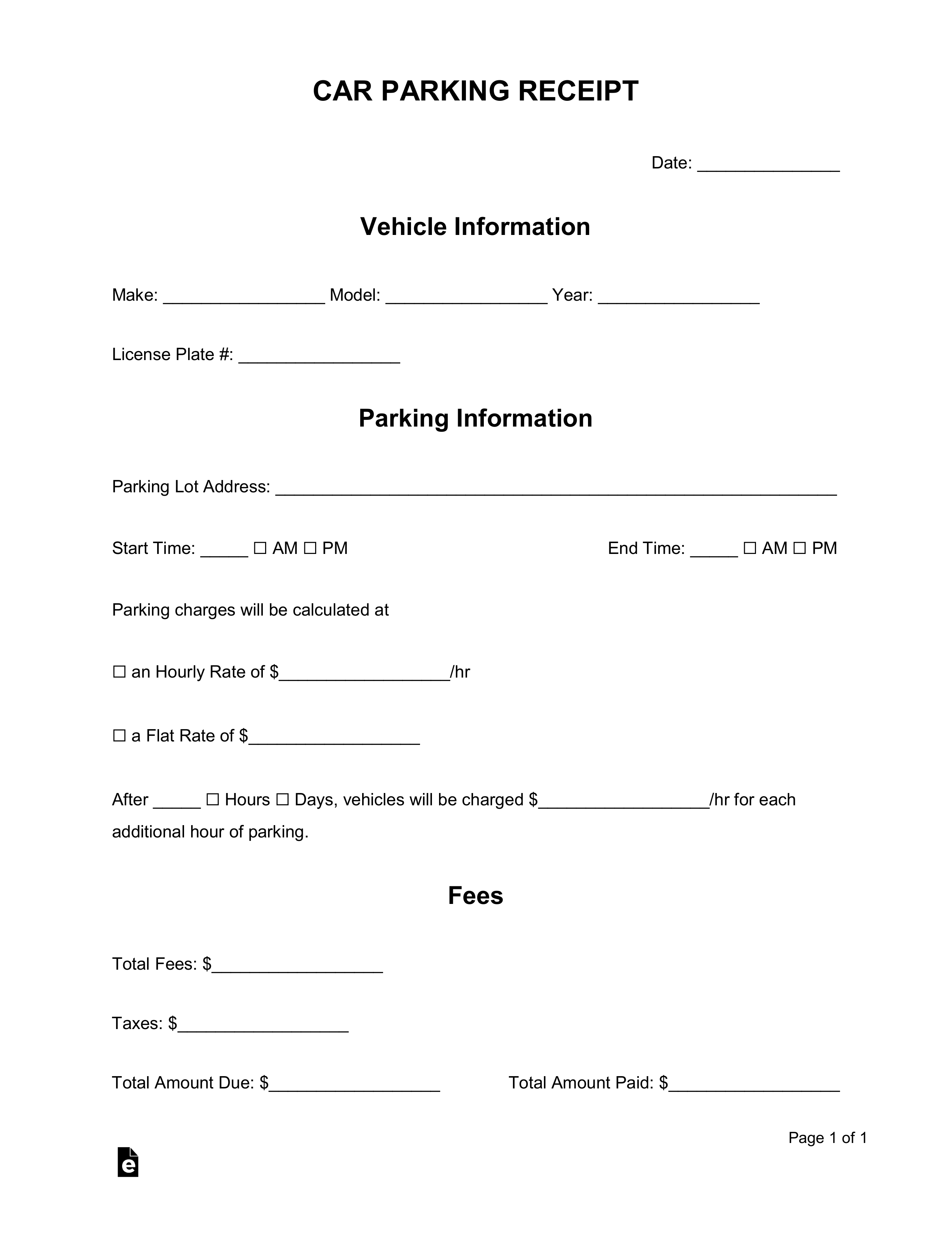 Printable Parking Receipt Template Sample