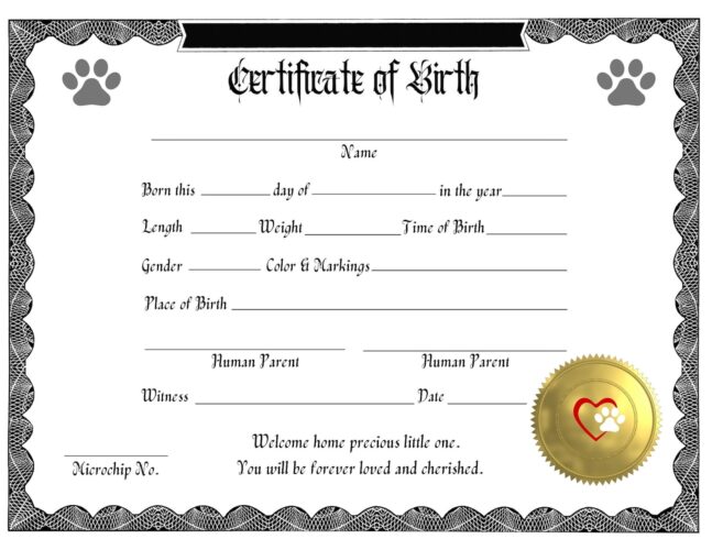 √ Printable Pet Birth Certificate Template