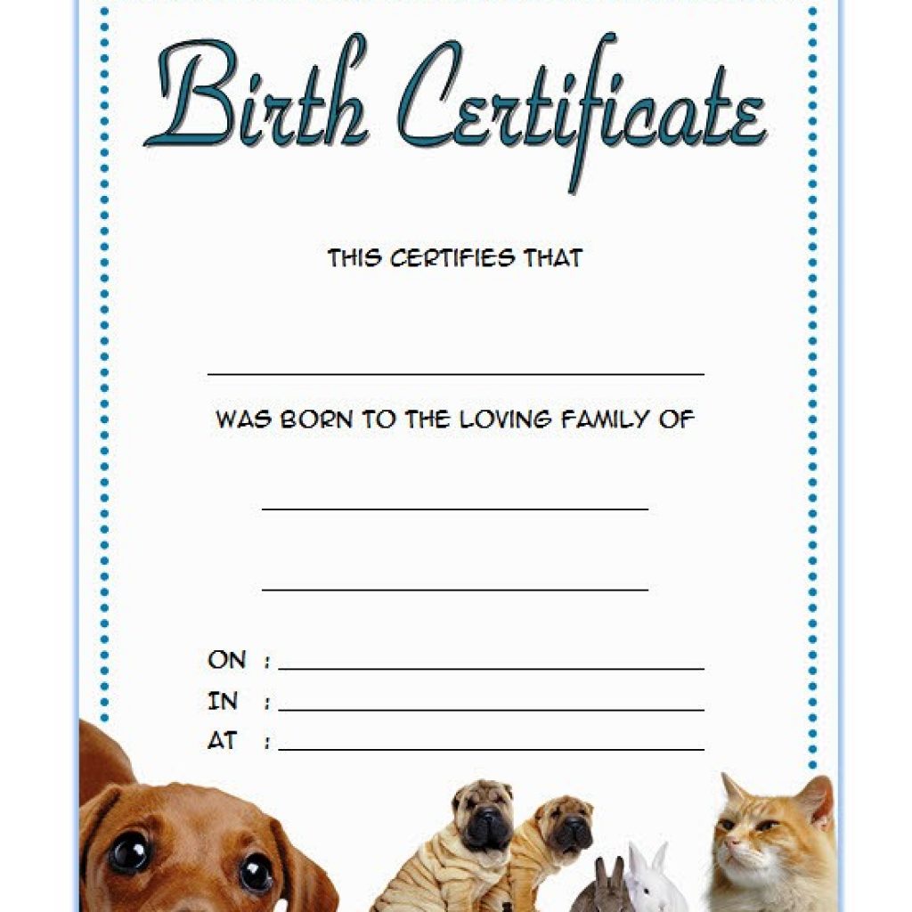 Printable Pet Birth Certificate Template Example