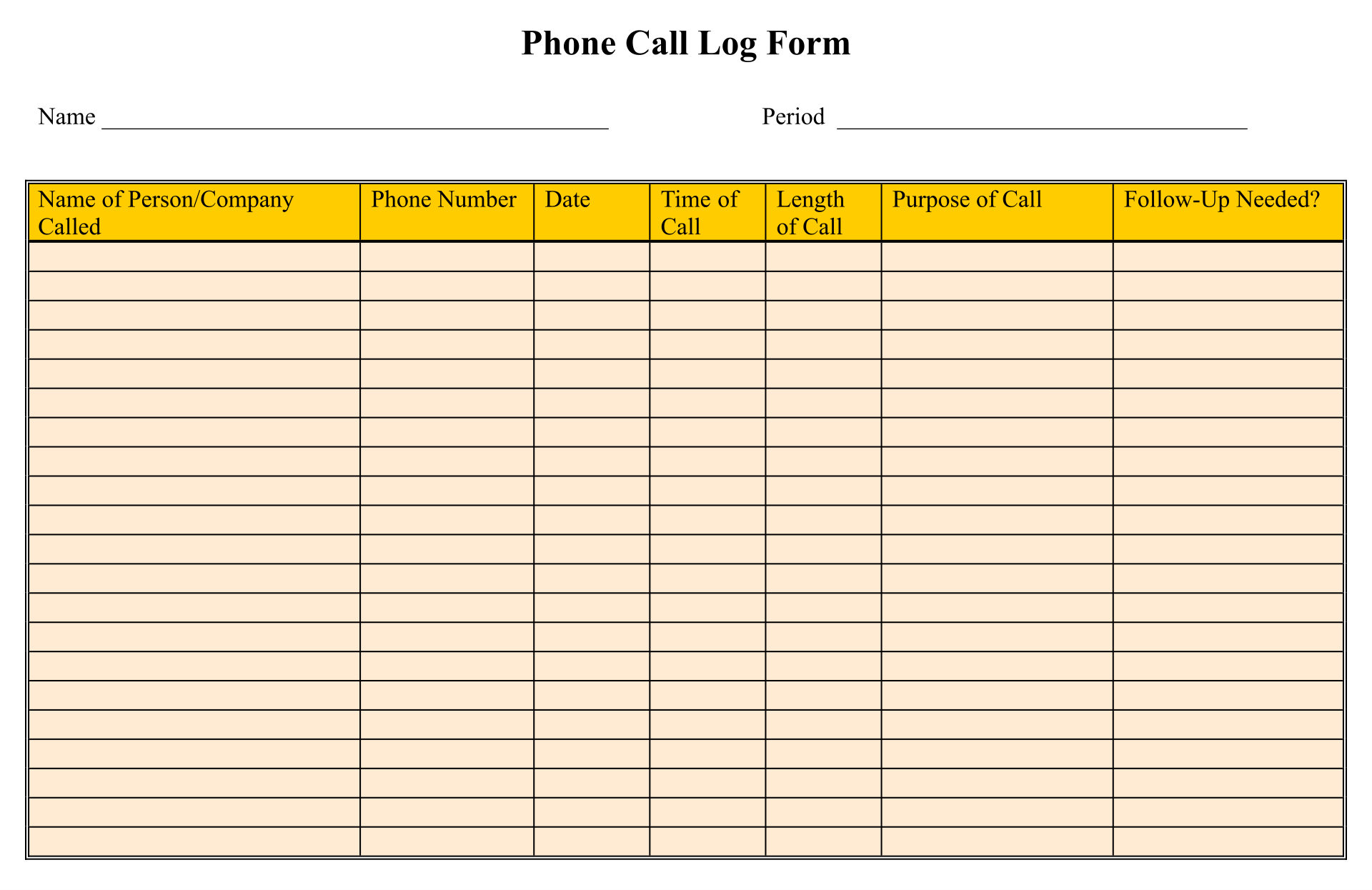 Printable Phone Call Log Template Example