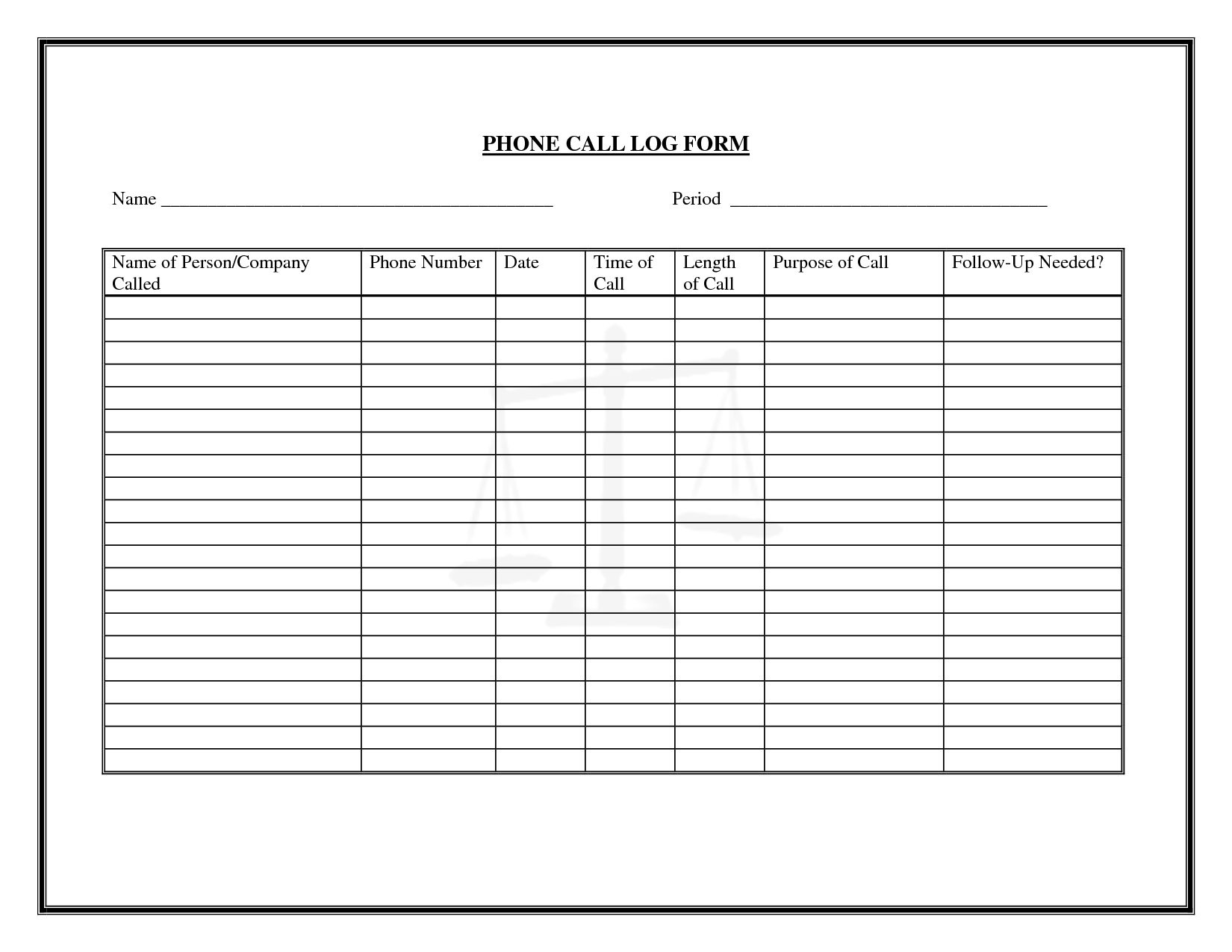 Printable Phone Call Log Template Sample