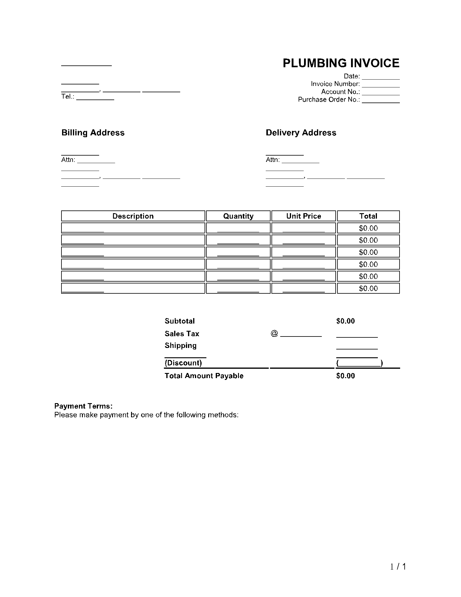 Printable Plumbing Receipt Template Example