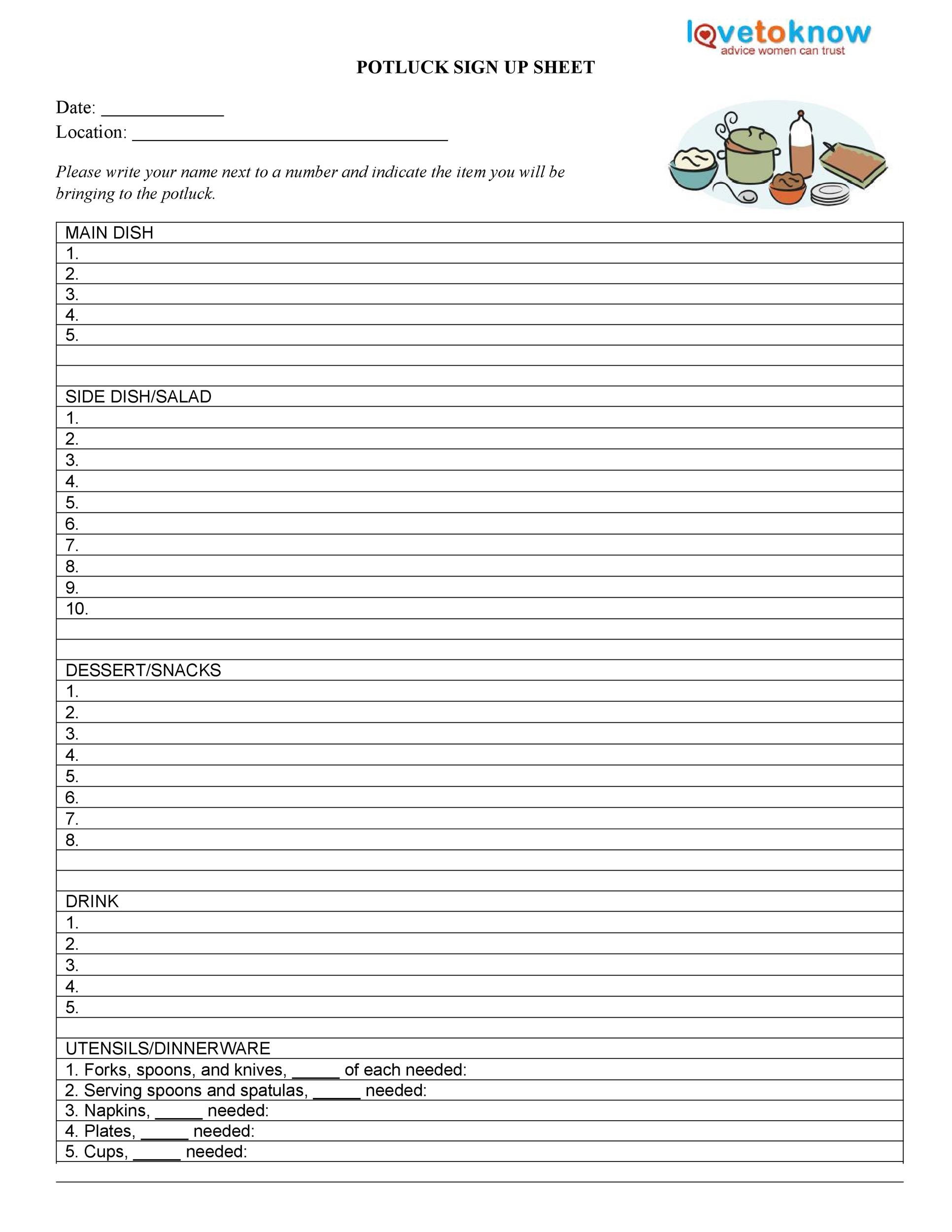 Printable Potluck Sign up Sheet Template Example