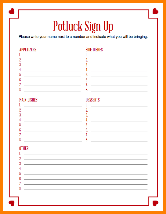 Printable Potluck Sign up Sheet Template Sample