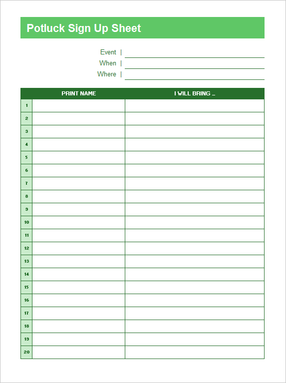 Printable Potluck Sign up Sheet Template