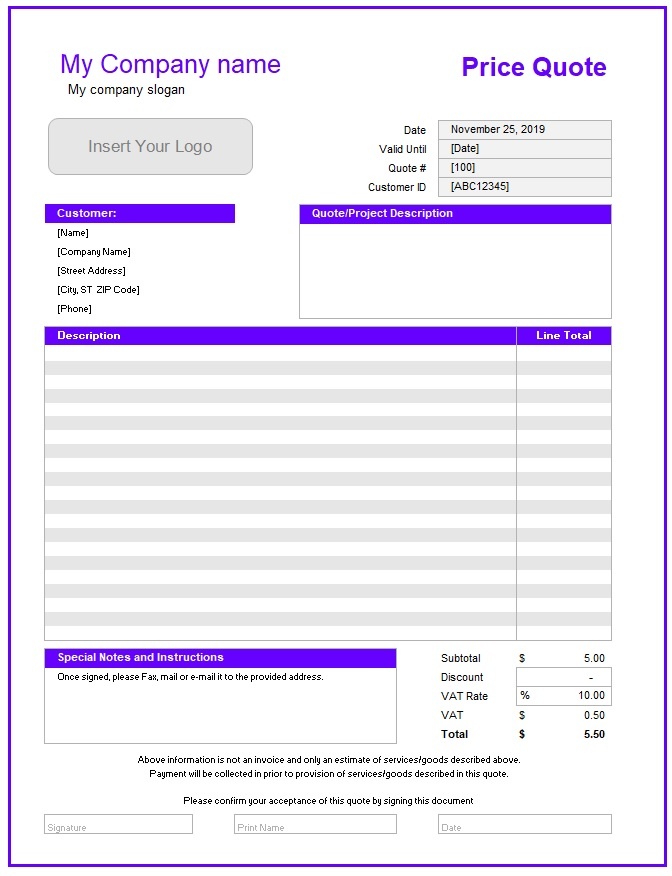 Printable Price Quotation Template Example