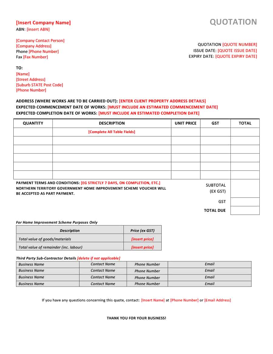 Printable Price Quotation Template Sample