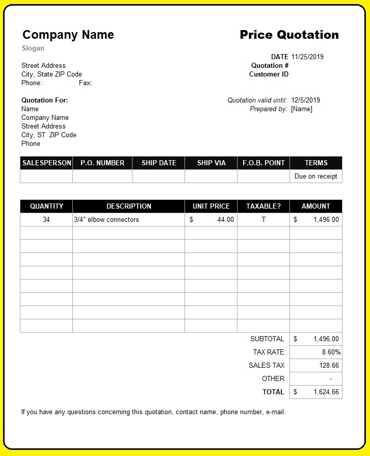 Printable Price Quotation Template