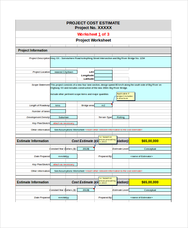 Printable Project Estimate Template