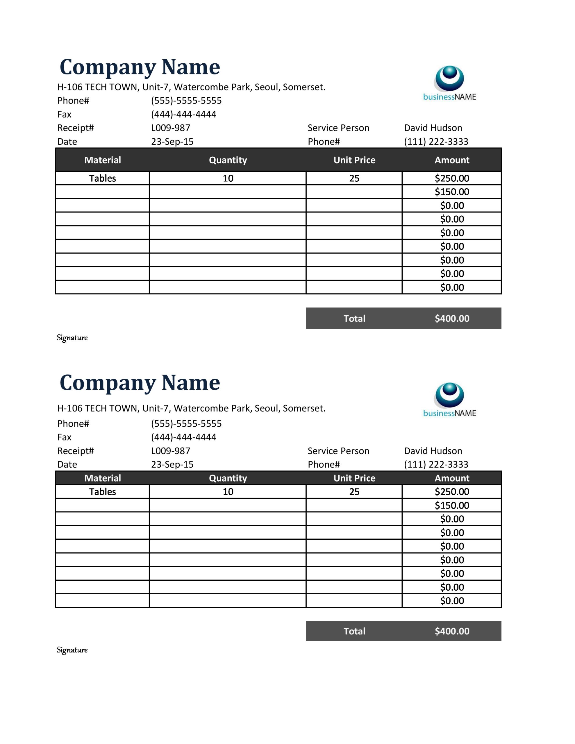 Printable Purchase Receipt Template Sample