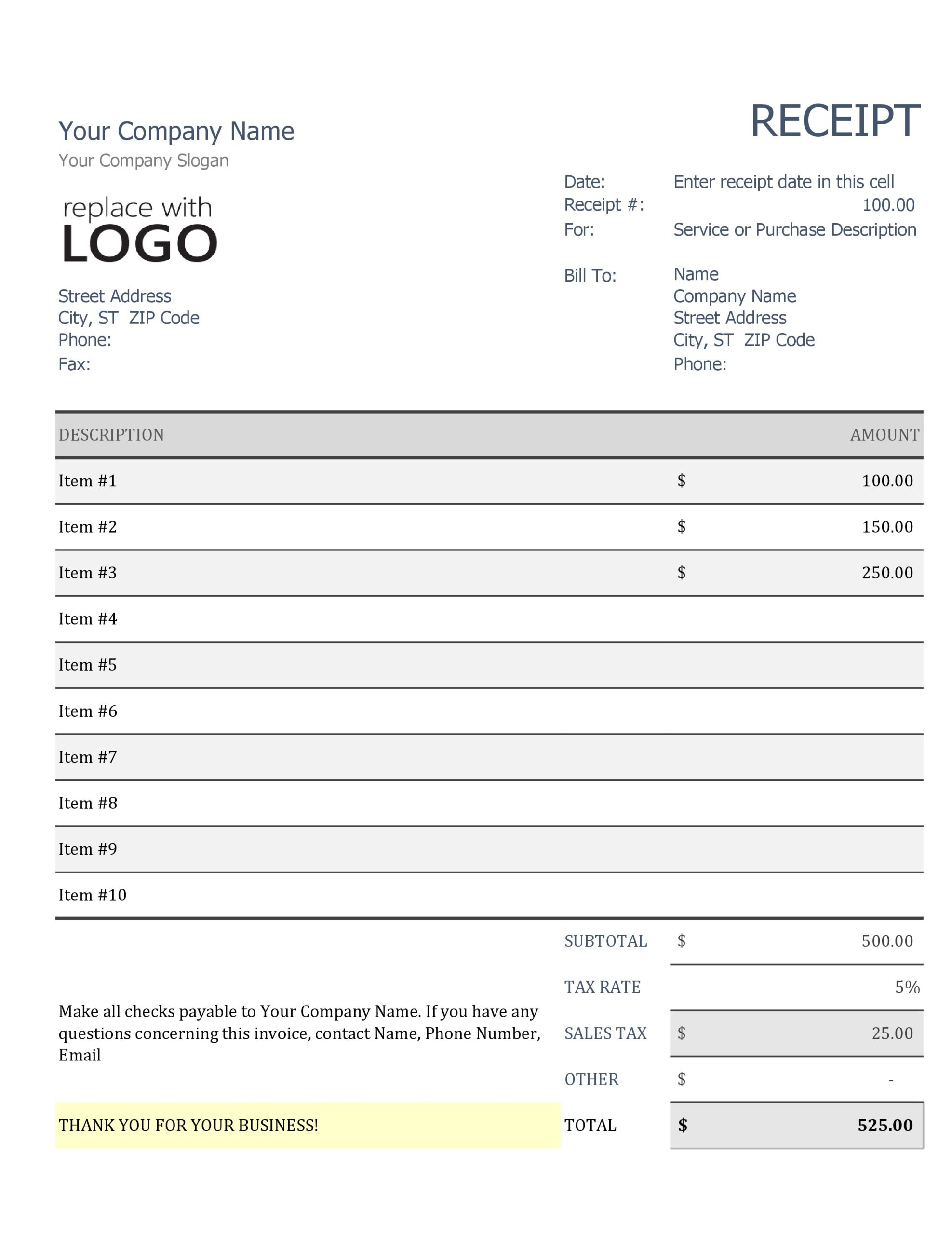 Printable Purchase Receipt Template